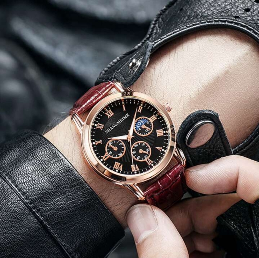 Men's Waterproof Quartz Watch With Three-Eye Calendar & Moon Phase Indicator